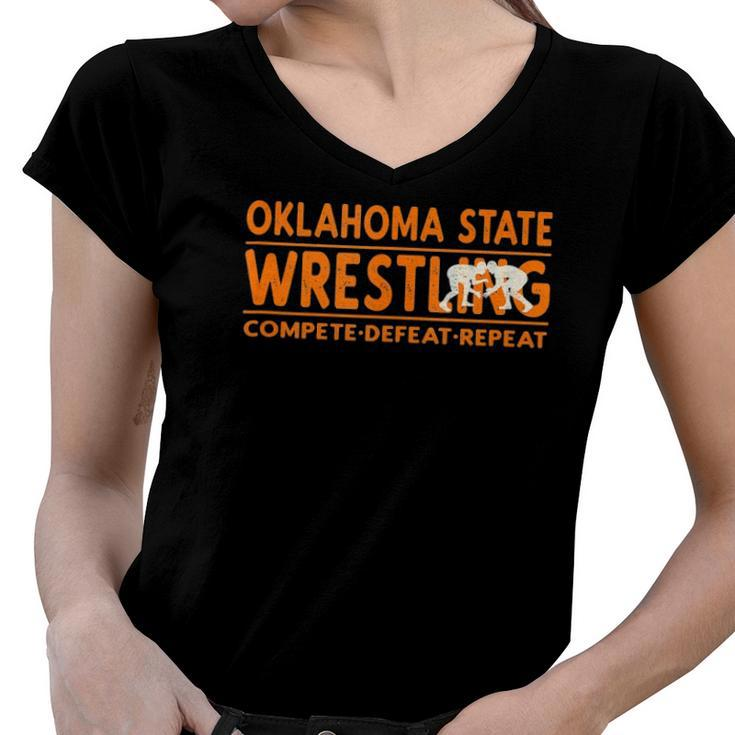 Oklahoma State Wrestling Compete Defeat Repeat  Women V-Neck T-Shirt