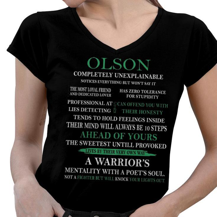 Olson Name Gift   Olson Completely Unexplainable Women V-Neck T-Shirt