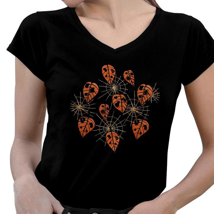 Orange Leaves With Holes And Spiderwebs Classic Women V-Neck T-Shirt