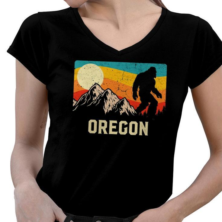Oregon Bigfoot Sasquatch Mountains Retro Hiking Women V-Neck T-Shirt