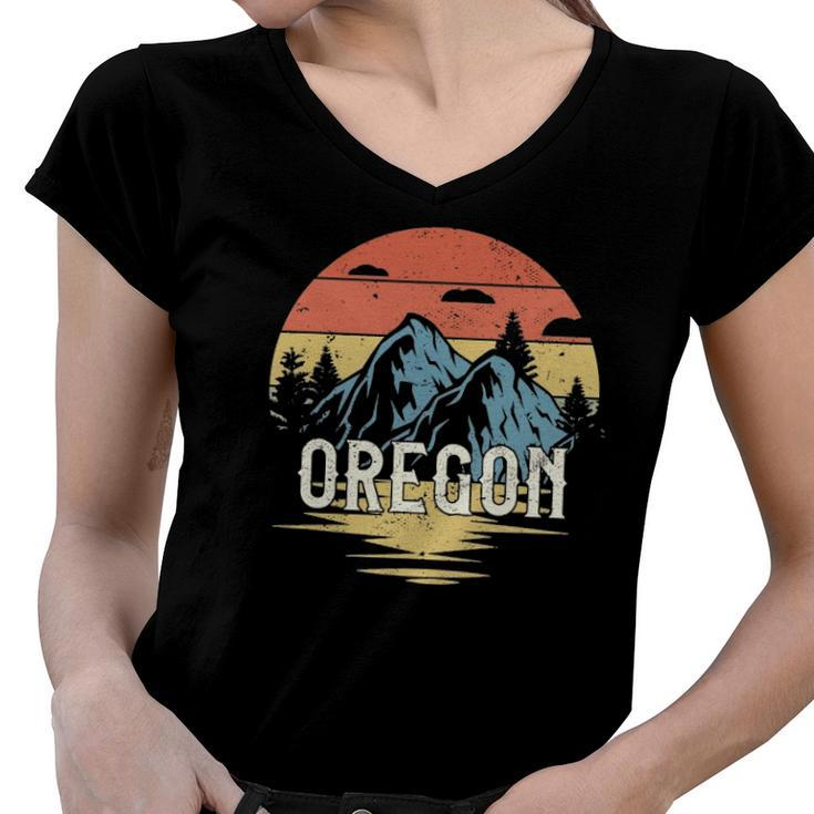 Oregon Mountains Retro Vintage Sunset Women V-Neck T-Shirt