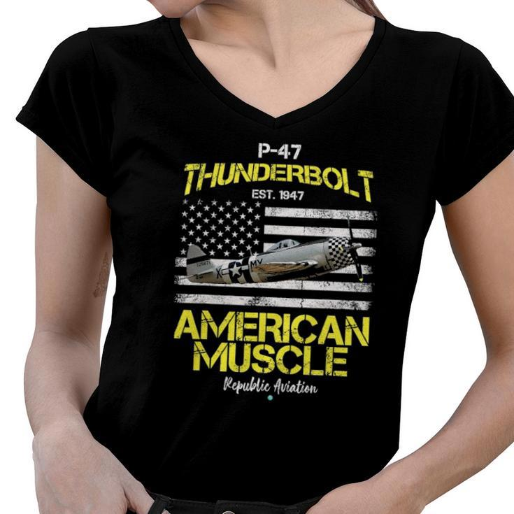 P-47 Thunderbolt Wwii Airplane American Muscle Gift Women V-Neck T-Shirt
