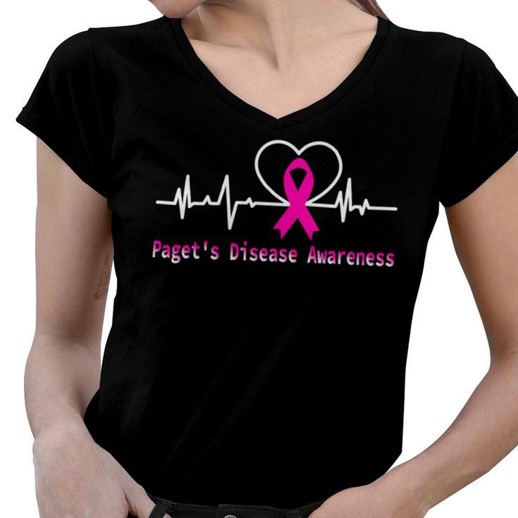 Pagets Disease Awareness Heartbeat  Pink Ribbon  Pagets Disease  Pagets Disease Awareness Women V-Neck T-Shirt