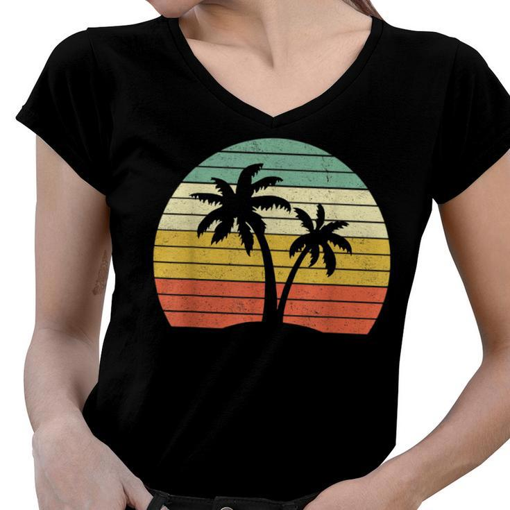 Palm Tree  Vintage Retro Style Tropical Beach  Women V-Neck T-Shirt