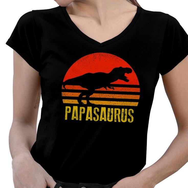 Papasaurus  Retro Vintage Sunset Dinosaur Gift Women V-Neck T-Shirt