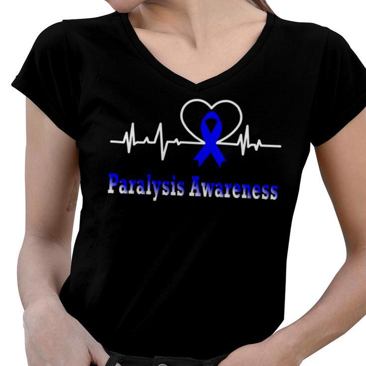 Paralysis Awareness Awareness Heartbeat  Blue Ribbon  Paralysis  Paralysis Awareness Women V-Neck T-Shirt