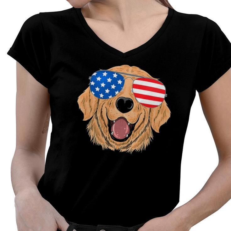 Patriotic Golden Retriever Dog 4Th Of July Gift Women V-Neck T-Shirt