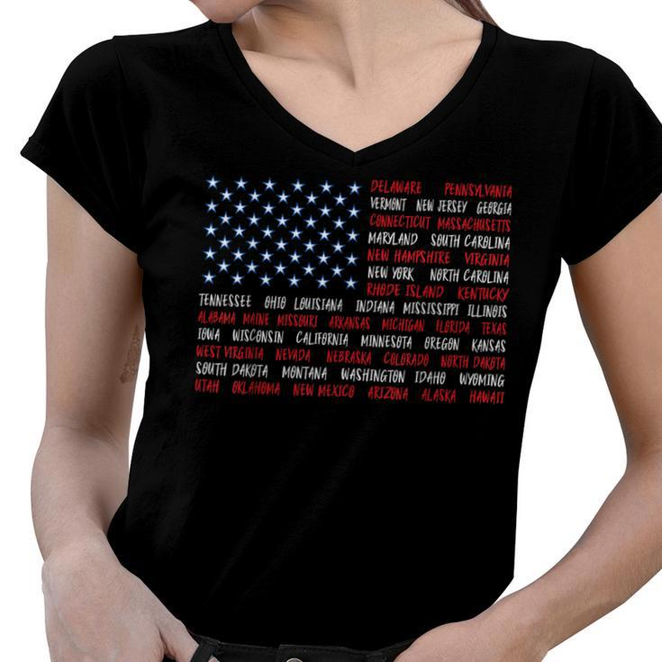 Patriotic July 4Th Usa American Flag All 50 State Names  Women V-Neck T-Shirt