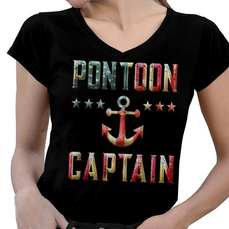 Patriotic Pontoon Captain Vintage Us Flag July 4Th Boating  Women V-Neck T-Shirt