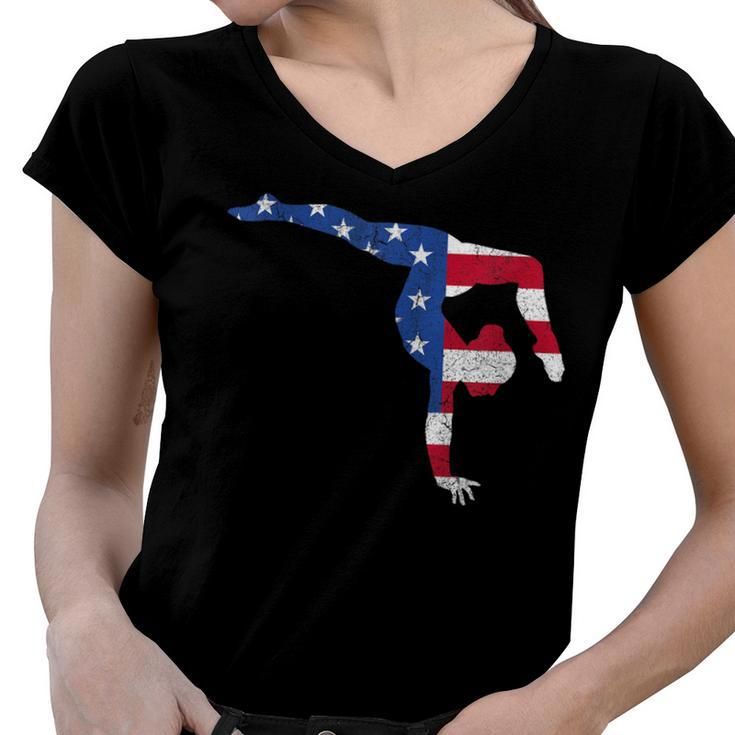 Patriotic Sports Gift American Usa Flag Girls Gymnastics  V2 Women V-Neck T-Shirt