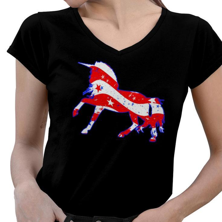 Patriotic Unicorn Funny Memorial Day And 4Th Of July Women V-Neck T-Shirt
