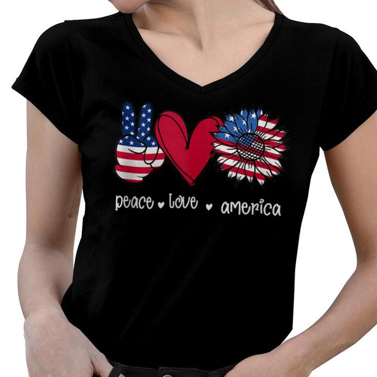 Peace Love America 4Th July Patriotic Sunflower Heart Sign  V2 Women V-Neck T-Shirt