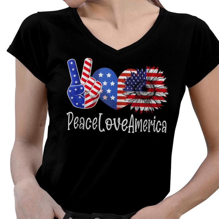 Peace Love America 4Th July Patriotic Sunflower Heart Sign  V4 Women V-Neck T-Shirt