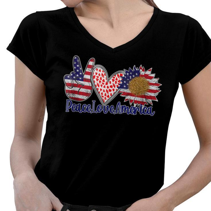 Peace Love America 4Th July Patriotic Sunflower Heart Sign  V5 Women V-Neck T-Shirt