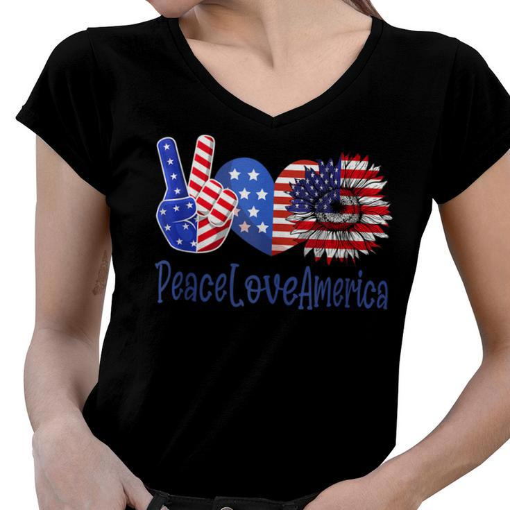 Peace Love America 4Th July Patriotic Sunflower Heart Sign  V6 Women V-Neck T-Shirt