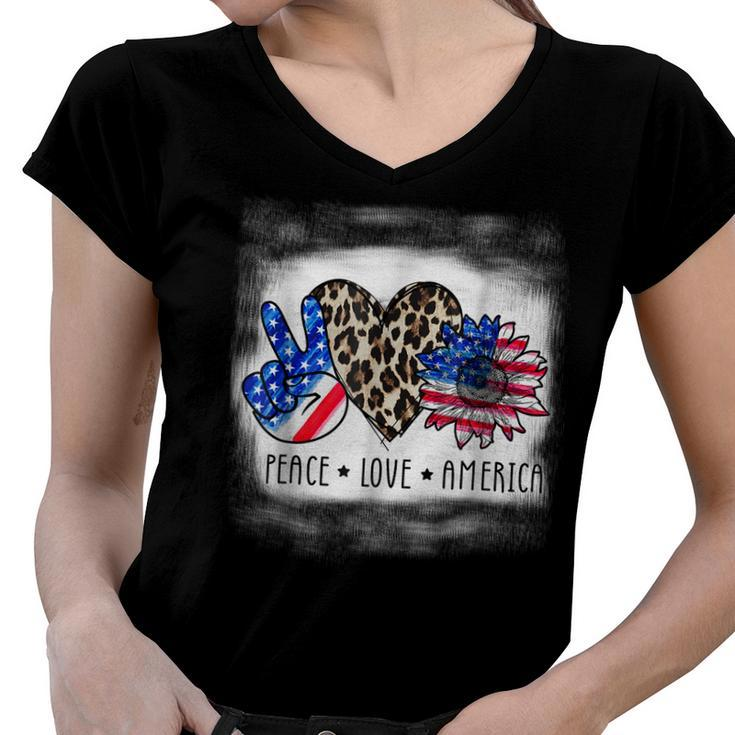 Peace Love America Bleached With Leopard Sunflower Us Flag  V2 Women V-Neck T-Shirt
