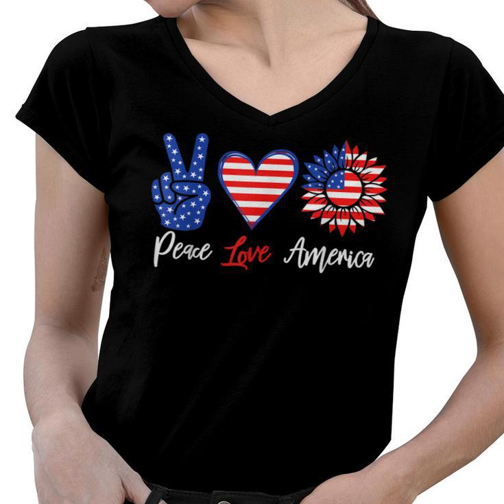 Peace Love America Funny 4Th Of July Sunflower  Women V-Neck T-Shirt