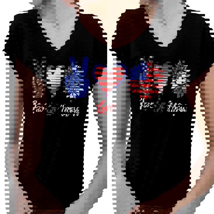 Peace Love America Funny 4Th Of July Sunflower  Women V-Neck T-Shirt