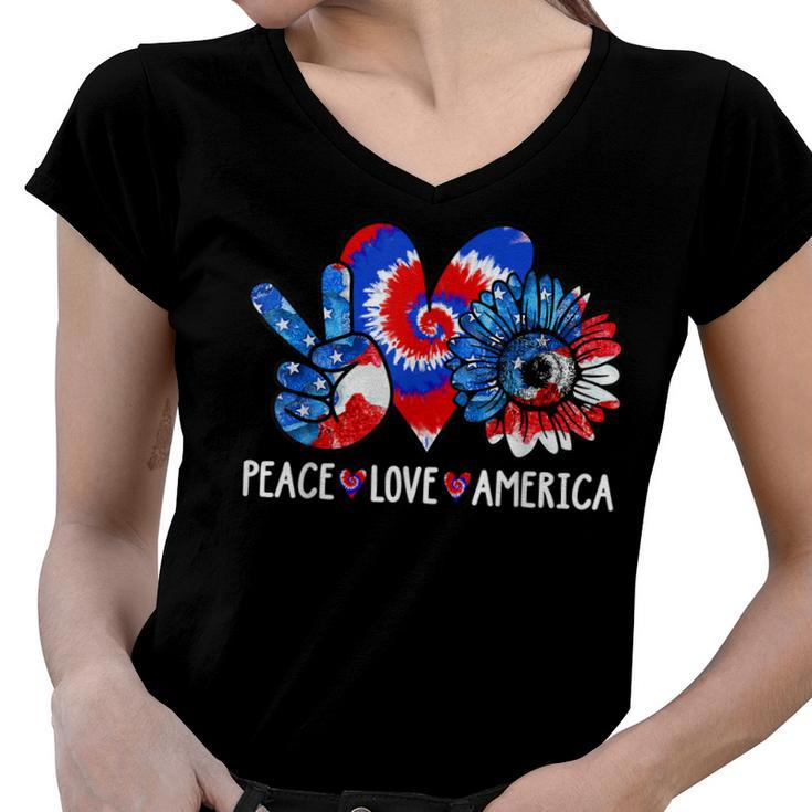 Peace Love America Sunflower Patriotic Tie Dye 4Th Of July  Women V-Neck T-Shirt
