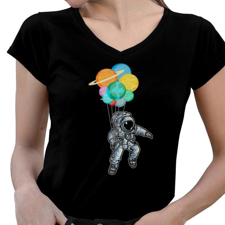 Planet Balloons Astronaut Space Science Women V-Neck T-Shirt