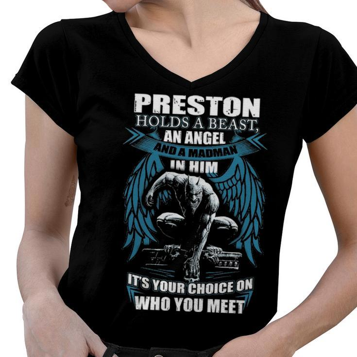 Preston Name Gift   Preston And A Mad Man In Him Women V-Neck T-Shirt