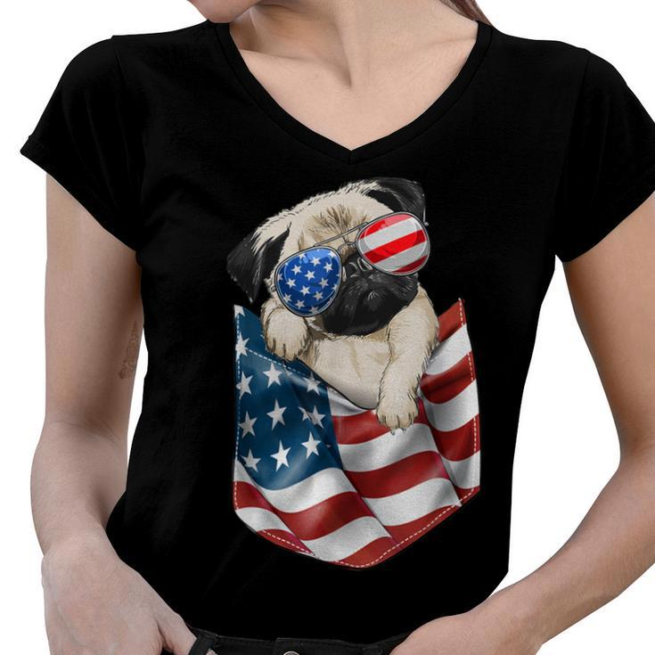 Pug In Pocket Dog 4Th July  Men Women Kids Usa Flag  Women V-Neck T-Shirt