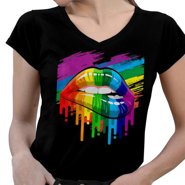 Rainbow Lips Lgbt Pride Month Rainbow Flag  Women V-Neck T-Shirt