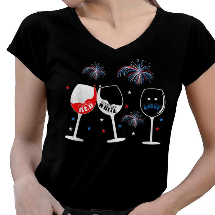 Red White And Blue Funny Wine Glass  For 4Th Of July  Women V-Neck T-Shirt