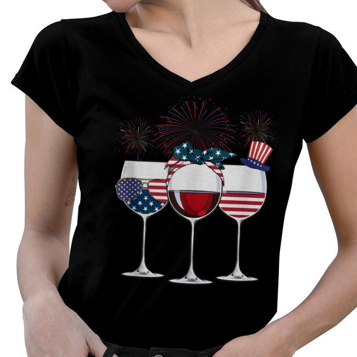 Red White And Blue Wine Glass 4Th Of July  Women V-Neck T-Shirt