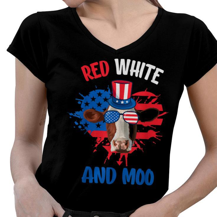 Red White And Moo Patriotic Cow Farmer 4Th Of July  Women V-Neck T-Shirt
