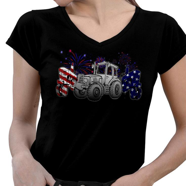 Red White Blue Tractor Usa Flag 4Th Of July Patriot Farmer  Women V-Neck T-Shirt