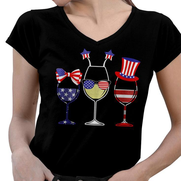 Red Wine And Blue 4Th Of July Red White Blue Wine Glasses  Women V-Neck T-Shirt