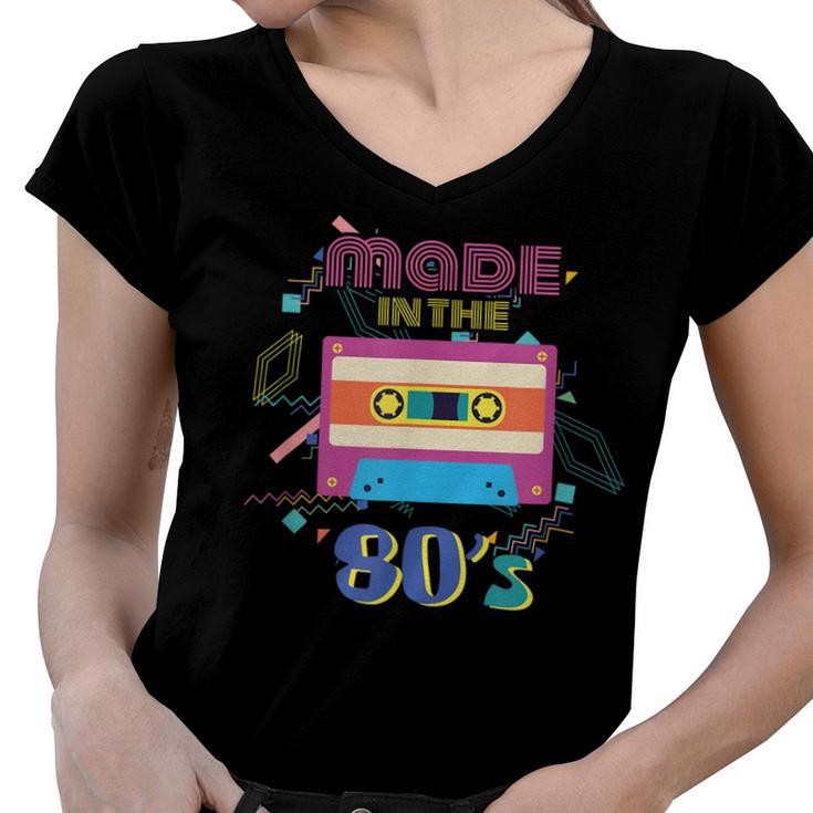 Retro Dance Party Disco Birthday Made In 80S Cassette Tape  Women V-Neck T-Shirt