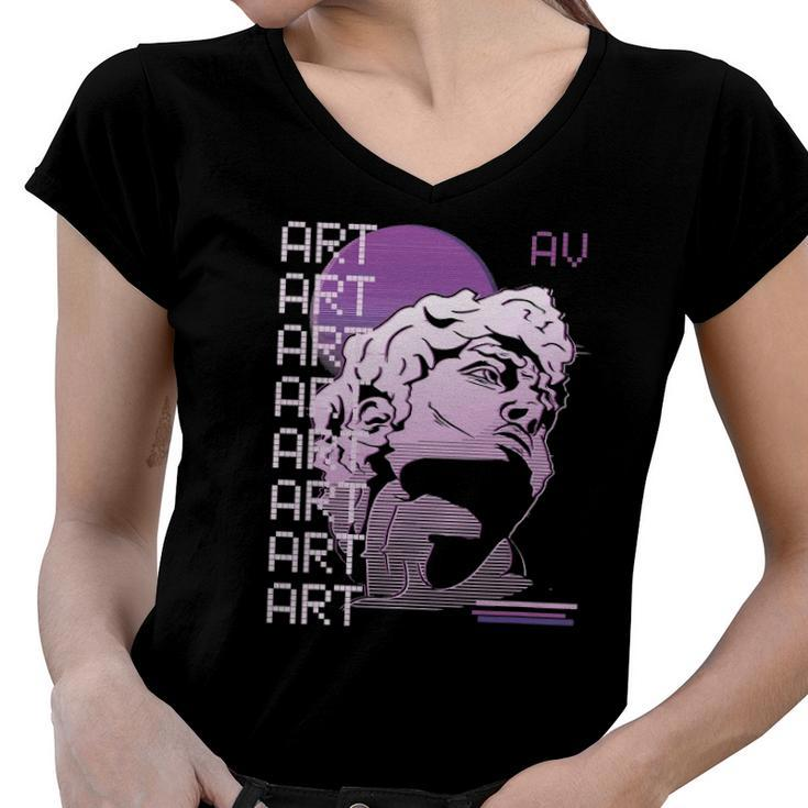 Retro Vaporwave Aesthetic Style David Greek Statue Art Women V-Neck T-Shirt