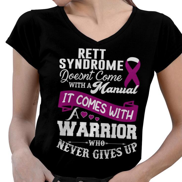 Rett Syndrome Doesnt Come With A Manual It Comes With A Warrior Who Never Gives Up  Purple Ribbon  Rett Syndrome  Rett Syndrome Awareness Women V-Neck T-Shirt