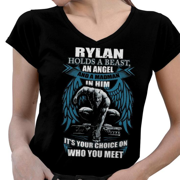 Rylan Name Gift   Rylan And A Mad Man In Him Women V-Neck T-Shirt