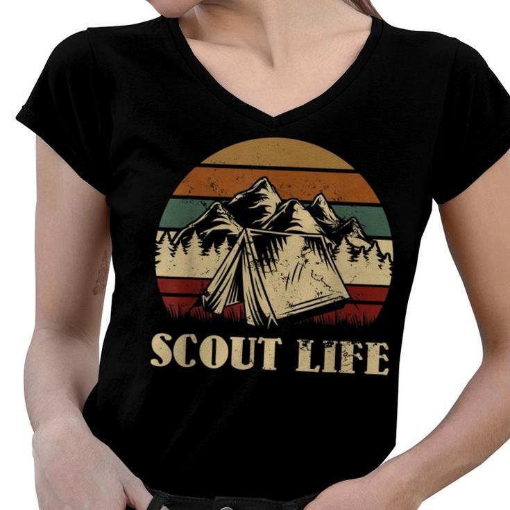 Scout Life Camping Tent Bonfire Firewood Campfire Camper   V2 Women V-Neck T-Shirt