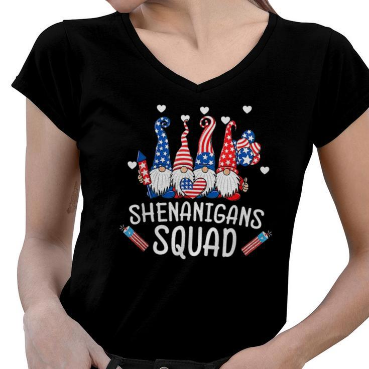 Shenanigans Squad 4Th Of July Gnomes Usa Independence Day Women V-Neck T-Shirt