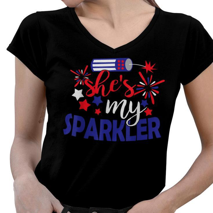 Shes My Sparkler 4Th Of July Matching Couples  Women V-Neck T-Shirt