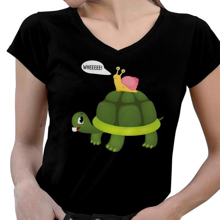 Snail Riding Turtle Funny Gift Women V-Neck T-Shirt