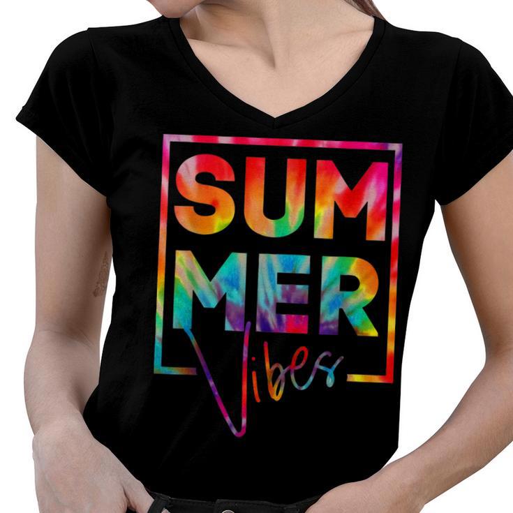 Summer Vibes Tie Dye Hello Summer Vacation Women V-Neck T-Shirt