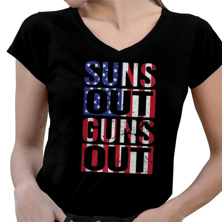Suns Out Guns Out Funny Fourth Of July Muscles  Women V-Neck T-Shirt