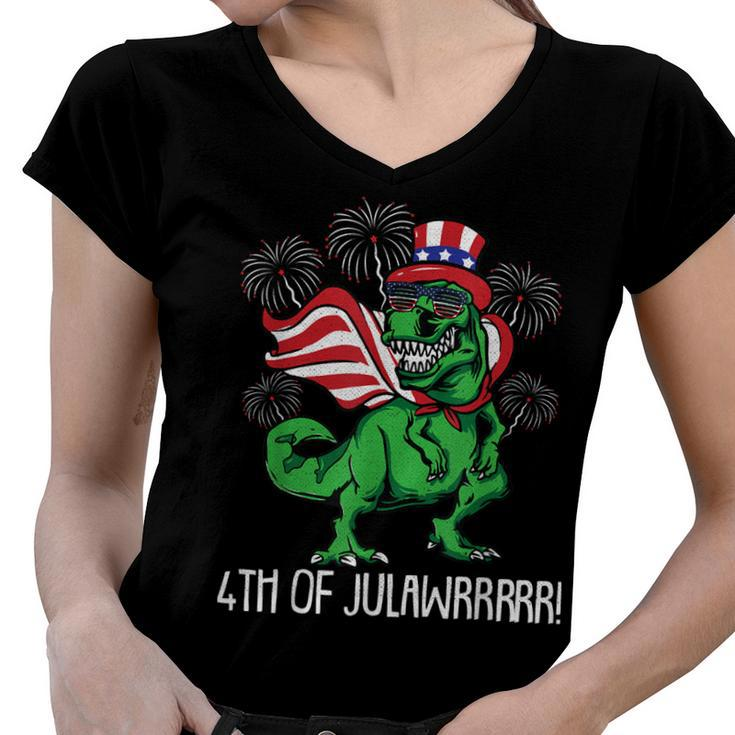 T-Rex American Flag 4Th Of July Funny Rawr Patriotic Dino  Women V-Neck T-Shirt