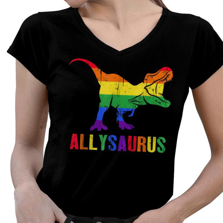 T Rex Dinosaur Lgbt Gay Pride Flag Allysaurus Ally  Women V-Neck T-Shirt