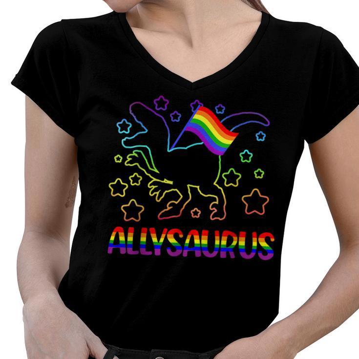 Trans Ally Allysaurus Gay Pride Lgbtq Trans Flag Dinosaur  V3 Women V-Neck T-Shirt