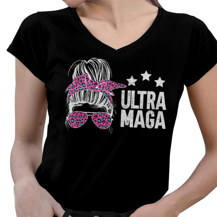 Ultra Maga Messy Bun Women V-Neck T-Shirt