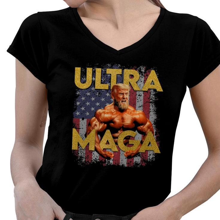 Ultra Mega Proud Ultra Maga Trump 2024 Gift Women V-Neck T-Shirt