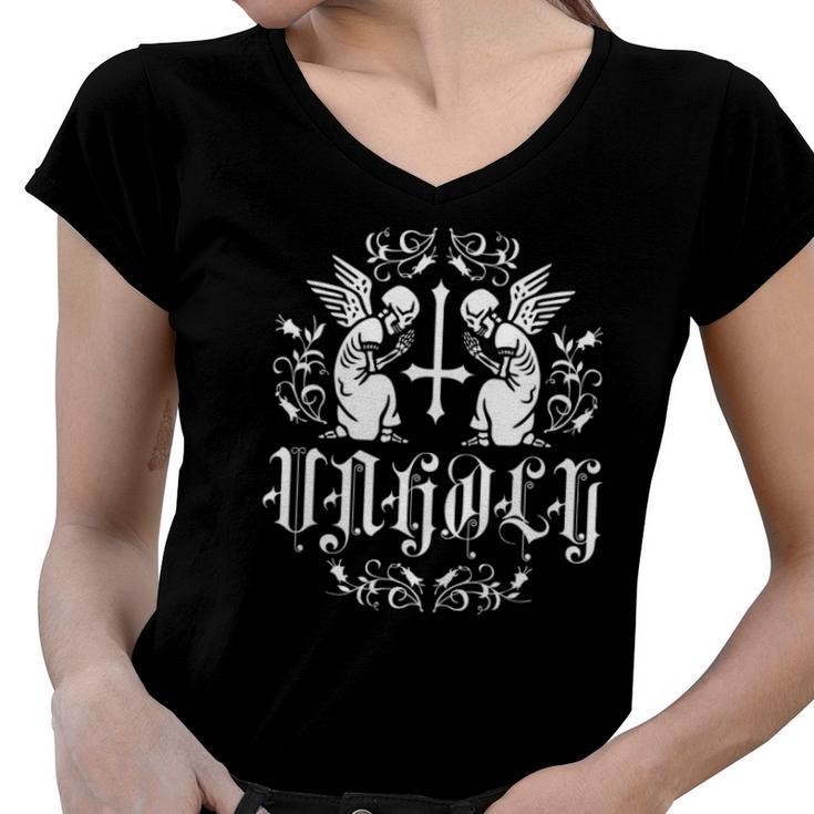 Unholy Praying Skeletons With Inverted Upside Down Cross Women V-Neck T-Shirt