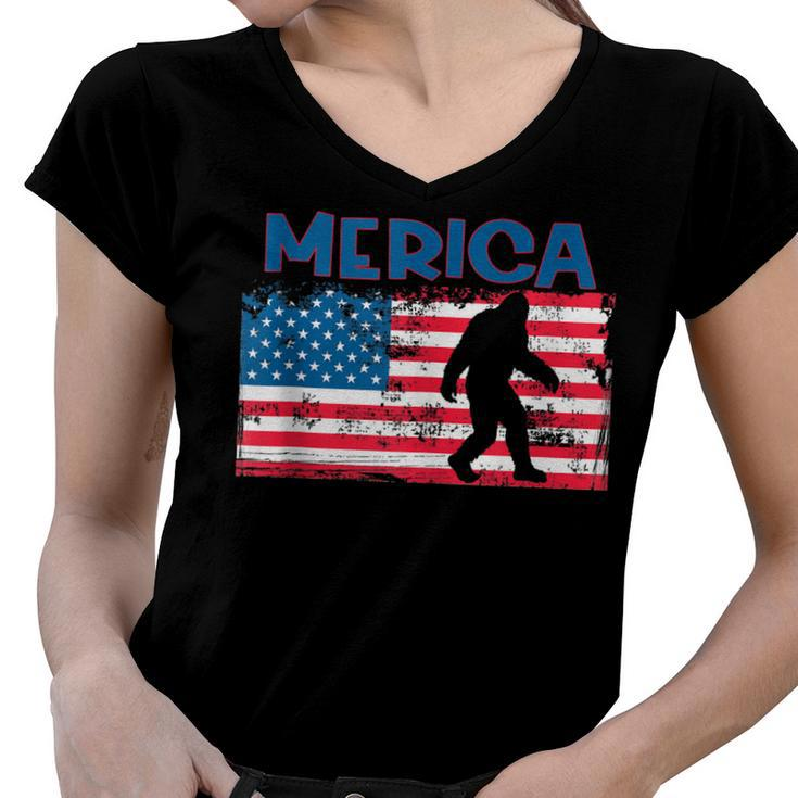 Us Flag Bigfoot July 4Th Sasquatch Patriotic Merica  Women V-Neck T-Shirt