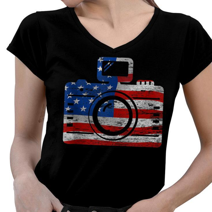 Us Flag Camera Fourth Of July Photographer  V2 Women V-Neck T-Shirt